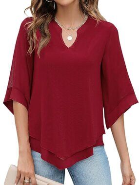 Micoson Womens 3/4 Sleeve Chiffon Blouses V Neck Double Layers Mesh Flowy top